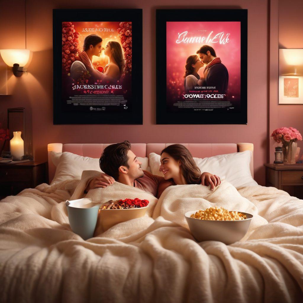 A cozy home theater setting with a couple snuggled under a soft blanket, popcorn bowl in hand, surrounded by romantic movie posters on the walls. Warm lighting and a glowing screen displaying a classic romantic scene in the background, casting a gentle glow on their faces. Elements of love like hearts and rose petals subtly scattered throughout the scene. super-realistic. warm colors. cozy atmosphere.